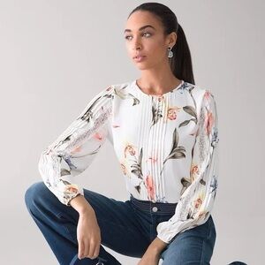 White House Black Market Floral Long Sleeve  Blouse Flowy Multicolor Lace Size S